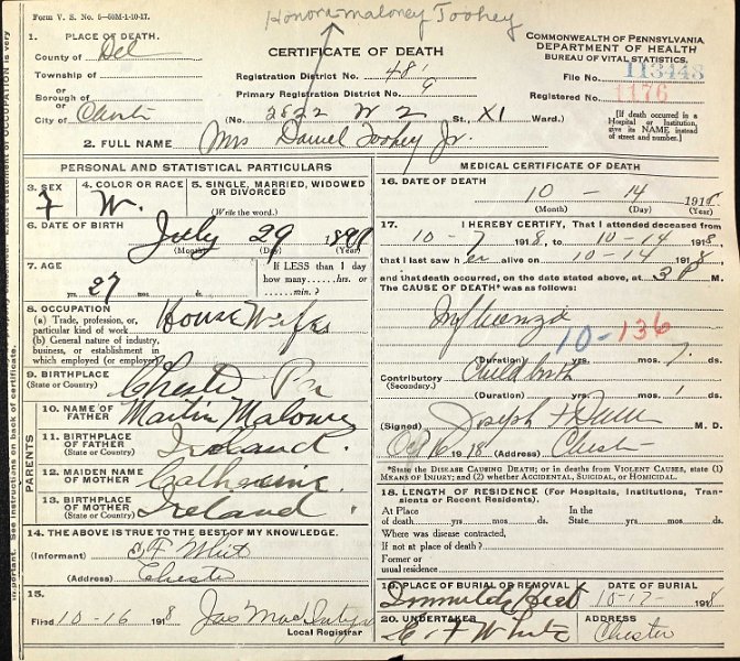 Catherine Maloney Toohey - Death Certificate.jpg - 1918 Catherine Maloney Toohey (1891-1918) died of influenza. Daughter of Martin Maloney and Catherine Thomas Maloney.